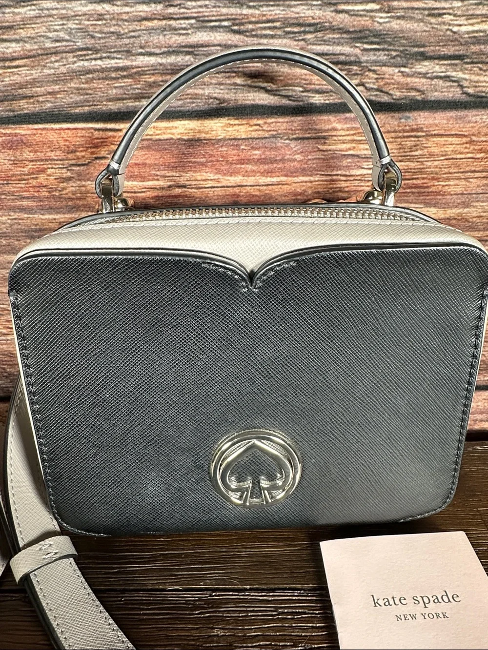 Kate Spade New York Vanity Mini Top Handle Bag in black and grey color block!